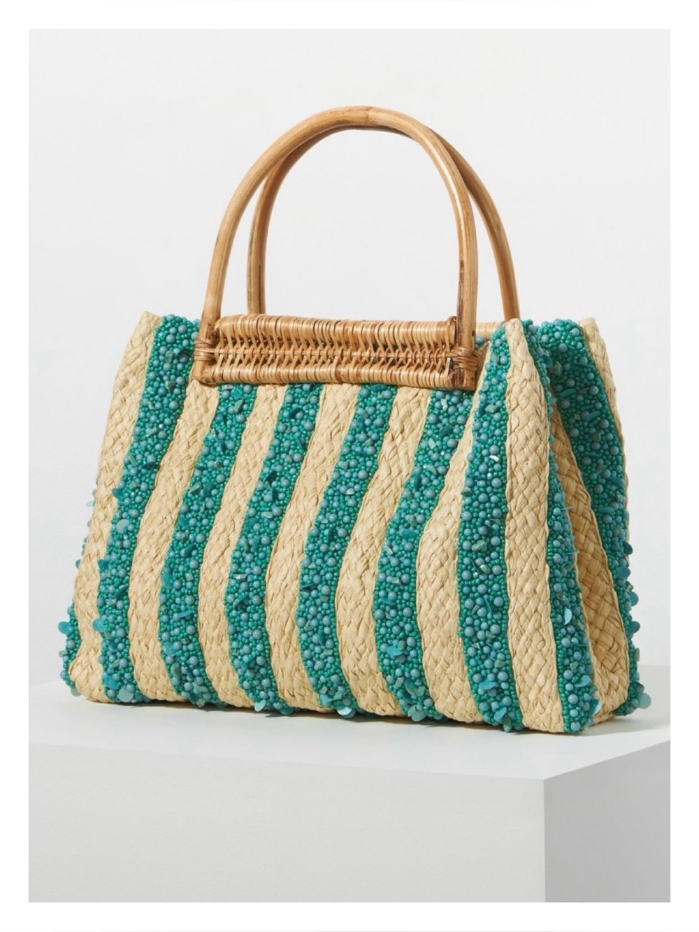 Anthropologie Turquoise and Natural Straw Beaded Tote